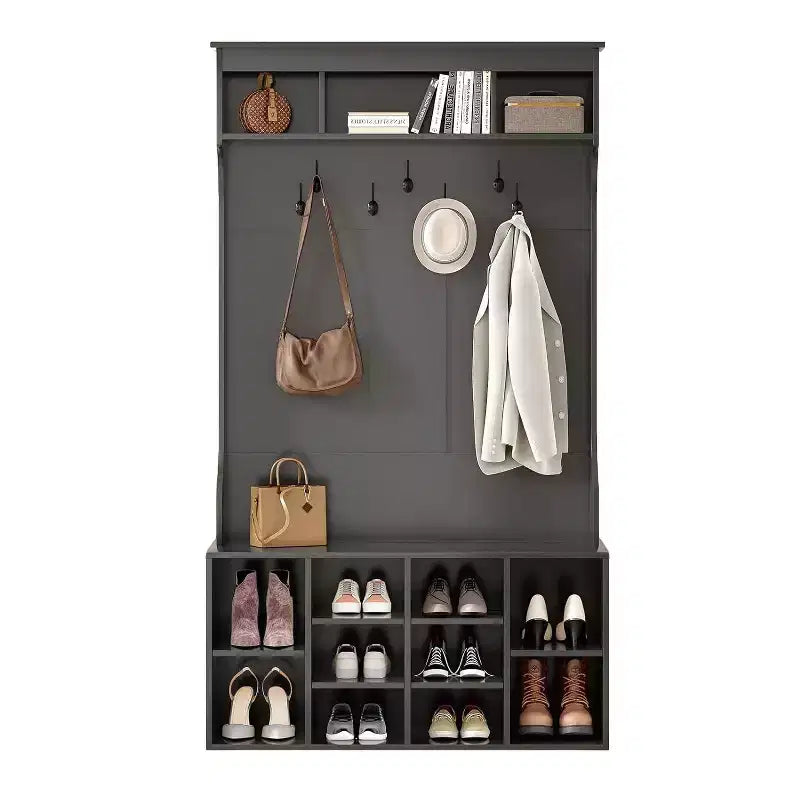 MAYEERTY Portemanteau d'entrée noir de 180 cm – Avec rangement à chaussures et 7 crochets, banc réglable autoportant pour buanderie