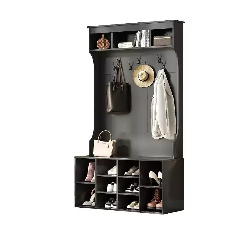 MAYEERTY Portemanteau d'entrée noir de 180 cm – Avec rangement à chaussures et 7 crochets, banc réglable autoportant pour buanderie