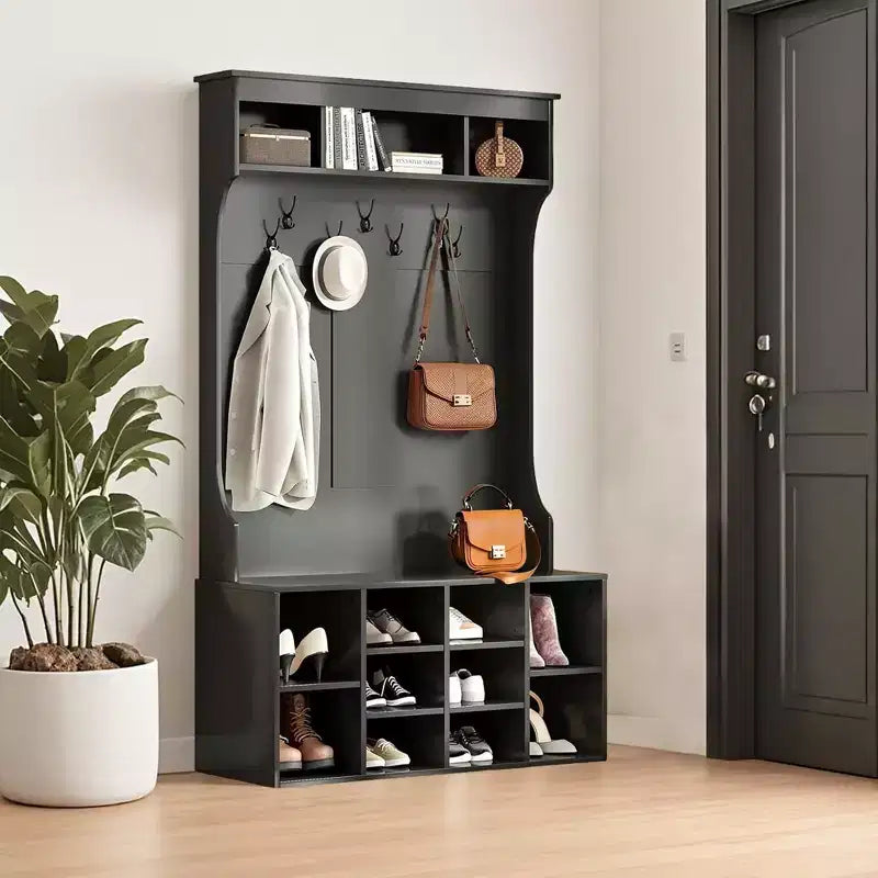 MAYEERTY 71-Inch Black Hall Tree - With Shoe Storage & 7 Hooks, Freestanding Adjustable Bench for Mudroom