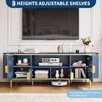 Meuble TV cannelé, centre de divertissement TV avec plateau en faux marbre, console avec étagères réglables et portes coulissantes, pour salon, chambre à coucher