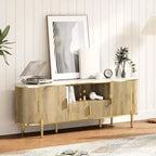 Meuble TV cannelé, centre de divertissement TV avec plateau en faux marbre, console avec étagères réglables et portes coulissantes, pour salon, chambre à coucher