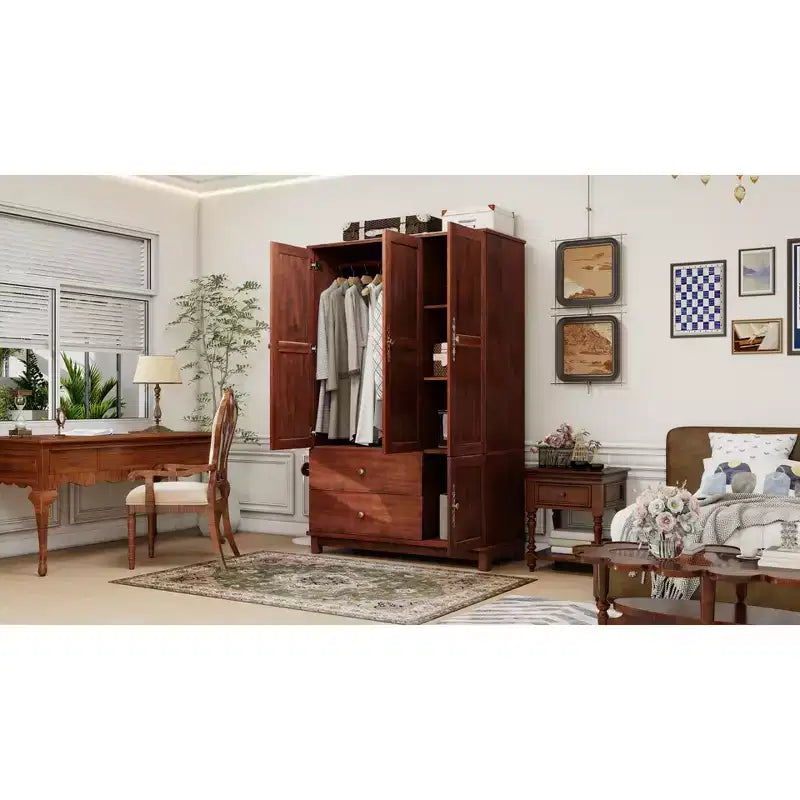 Armoire Keloyid Seusar en bois marron clair de 117,6 cm avec 2 tiroirs, tringle de suspension et étagères