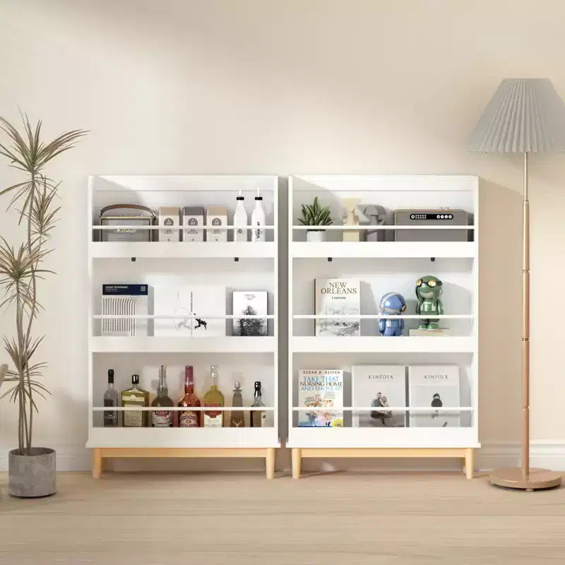 Étagère à Livres Okak pour Enfants, Bibliothèque avec 3 Étagères de Présentation Frontales et Base en Bois Naturel, Vitrine pour Chambre d'Enfant, Crèche ou Salle de Jeux, Blanc