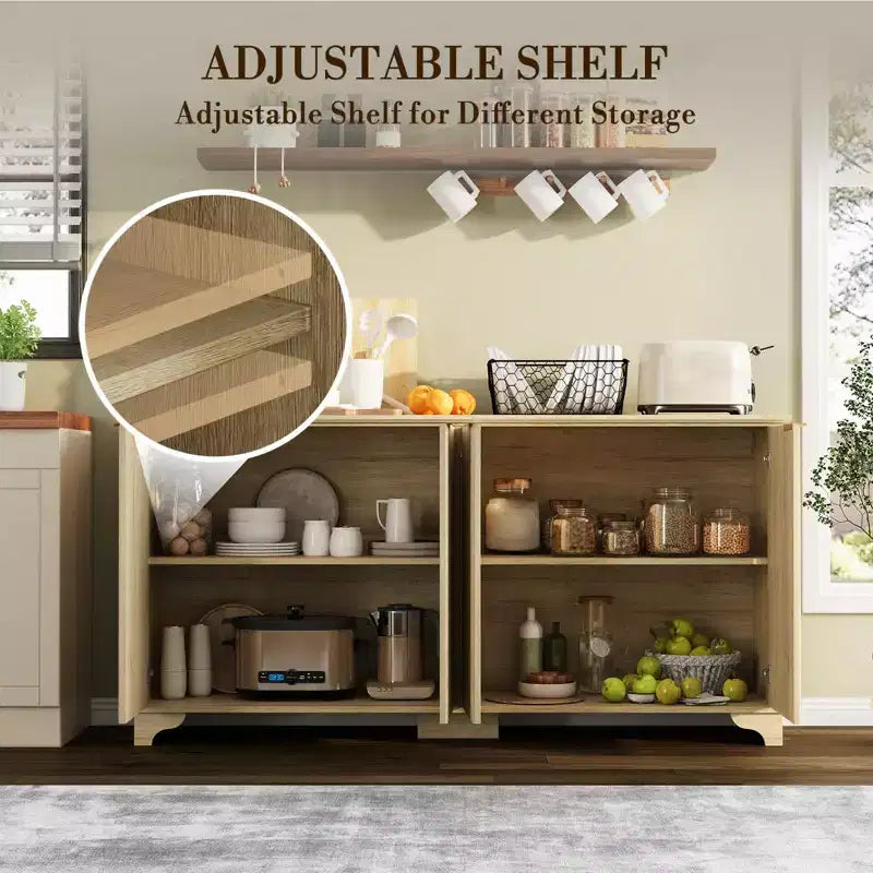 Bahut, Meuble de Rangement - Sunvasagoo avec 4 Portes Cannelées, Étagères Réglables, Meuble de Rangement Style Ferme pour Cuisine, Salon, Bar à Café