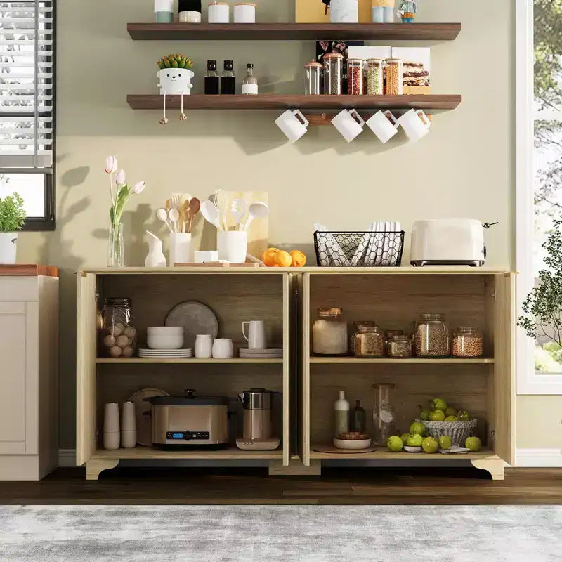 Bahut, Meuble de Rangement - Sunvasagoo avec 4 Portes Cannelées, Étagères Réglables, Meuble de Rangement Style Ferme pour Cuisine, Salon, Bar à Café