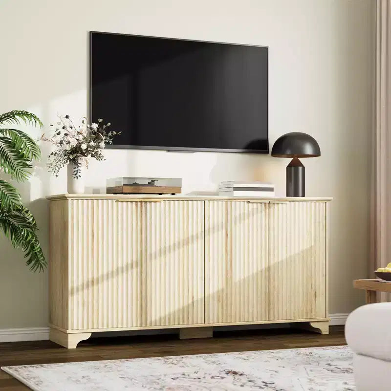 Bahut, Meuble de Rangement - Sunvasagoo avec 4 Portes Cannelées, Étagères Réglables, Meuble de Rangement Style Ferme pour Cuisine, Salon, Bar à Café