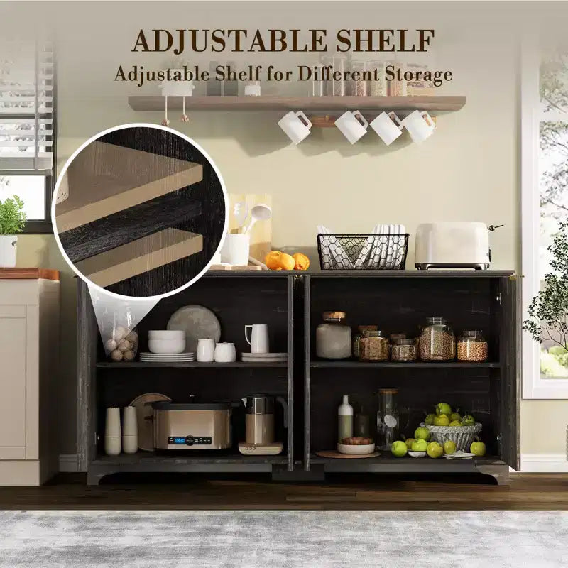 Bahut, Meuble de Rangement - Sunvasagoo avec 4 Portes Cannelées, Étagères Réglables, Meuble de Rangement Style Ferme pour Cuisine, Salon, Bar à Café