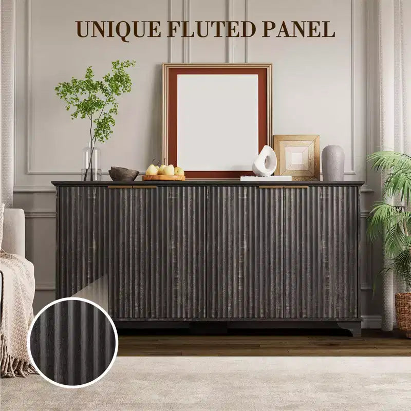Bahut, Meuble de Rangement - Sunvasagoo avec 4 Portes Cannelées, Étagères Réglables, Meuble de Rangement Style Ferme pour Cuisine, Salon, Bar à Café