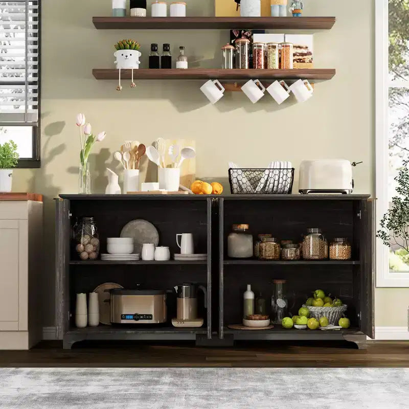 Bahut, Meuble de Rangement - Sunvasagoo avec 4 Portes Cannelées, Étagères Réglables, Meuble de Rangement Style Ferme pour Cuisine, Salon, Bar à Café