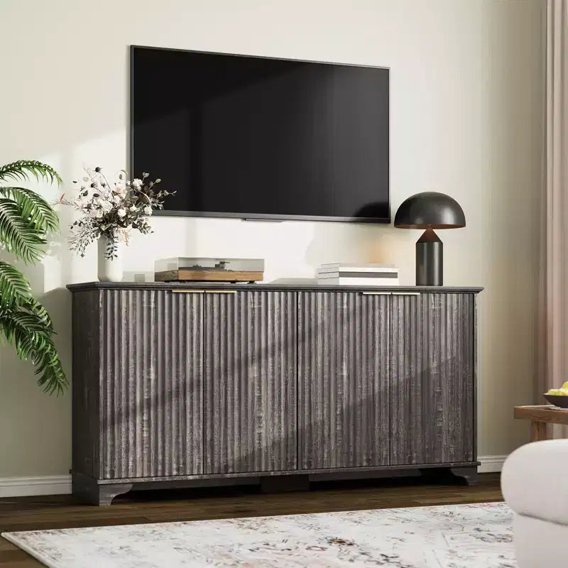 Bahut, Meuble de Rangement - Sunvasagoo avec 4 Portes Cannelées, Étagères Réglables, Meuble de Rangement Style Ferme pour Cuisine, Salon, Bar à Café