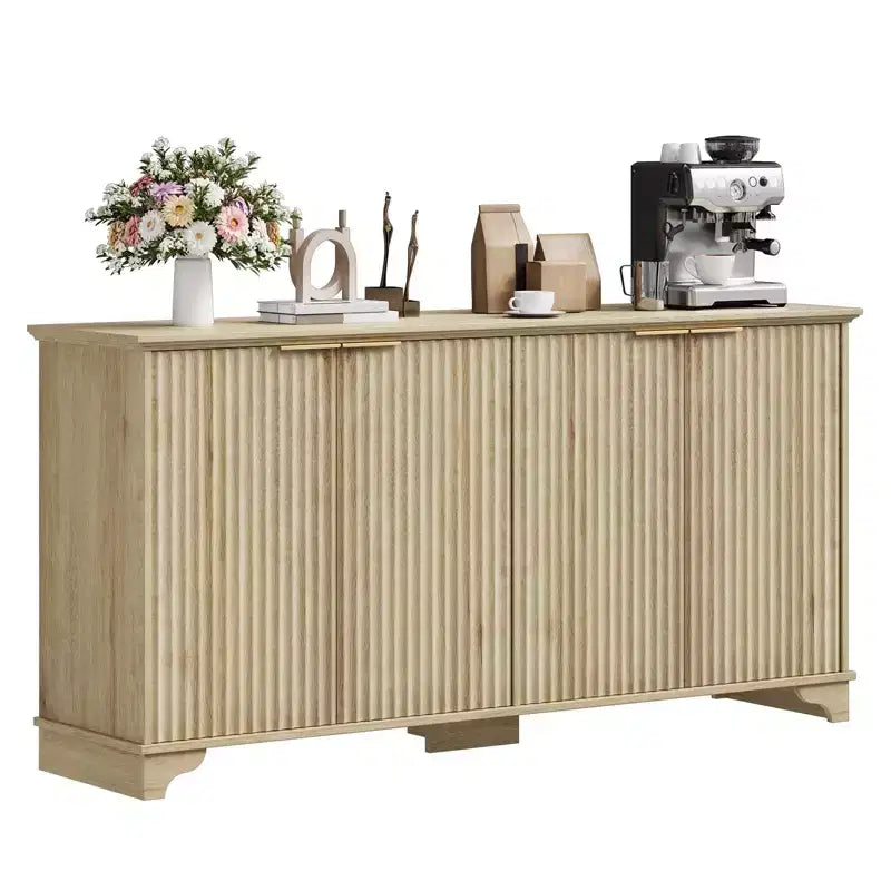Bahut, Meuble de Rangement - Sunvasagoo avec 4 Portes Cannelées, Étagères Réglables, Meuble de Rangement Style Ferme pour Cuisine, Salon, Bar à Café