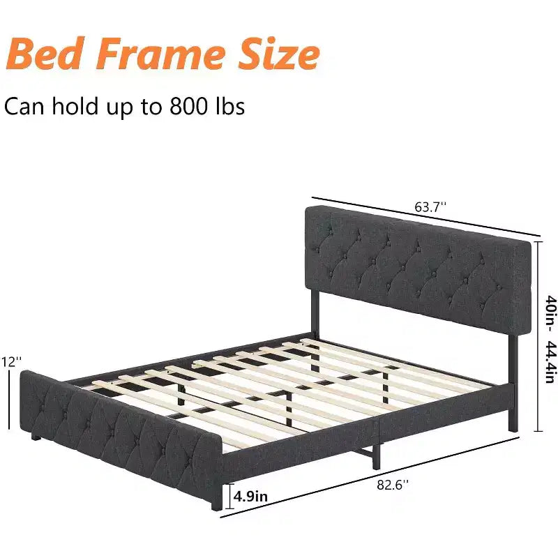 TROPOW Cadre de Lit Queen Size Gris Foncé avec Ports USB et Tête de Lit Réglable, Pas de Sommier Tapissier Requis (1-Pack)