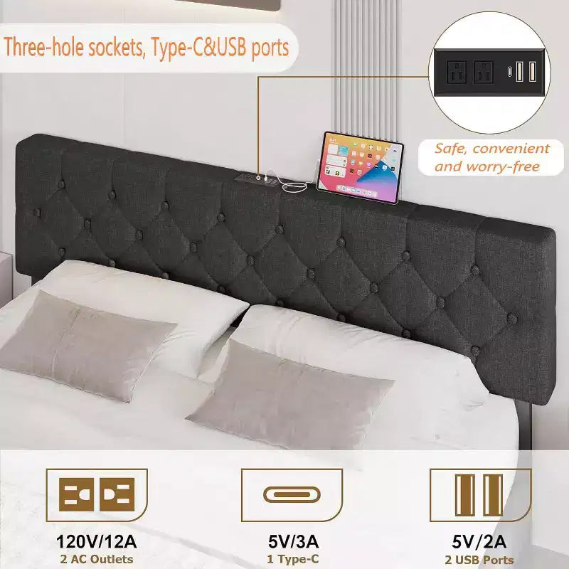 TROPOW Cadre de Lit Queen Size Gris Foncé avec Ports USB et Tête de Lit Réglable, Pas de Sommier Tapissier Requis (1-Pack)