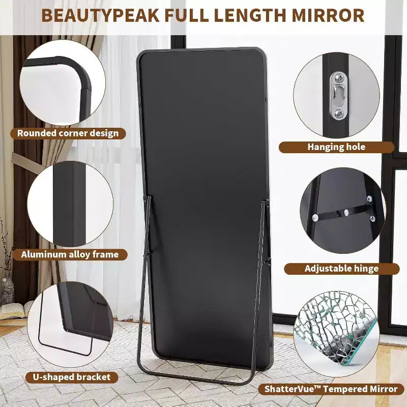 Miroir pleine longueur 66 x 23 avec coins arrondis, Miroir sur pied pour chambre ou dressing, à poser, suspendre ou adosser