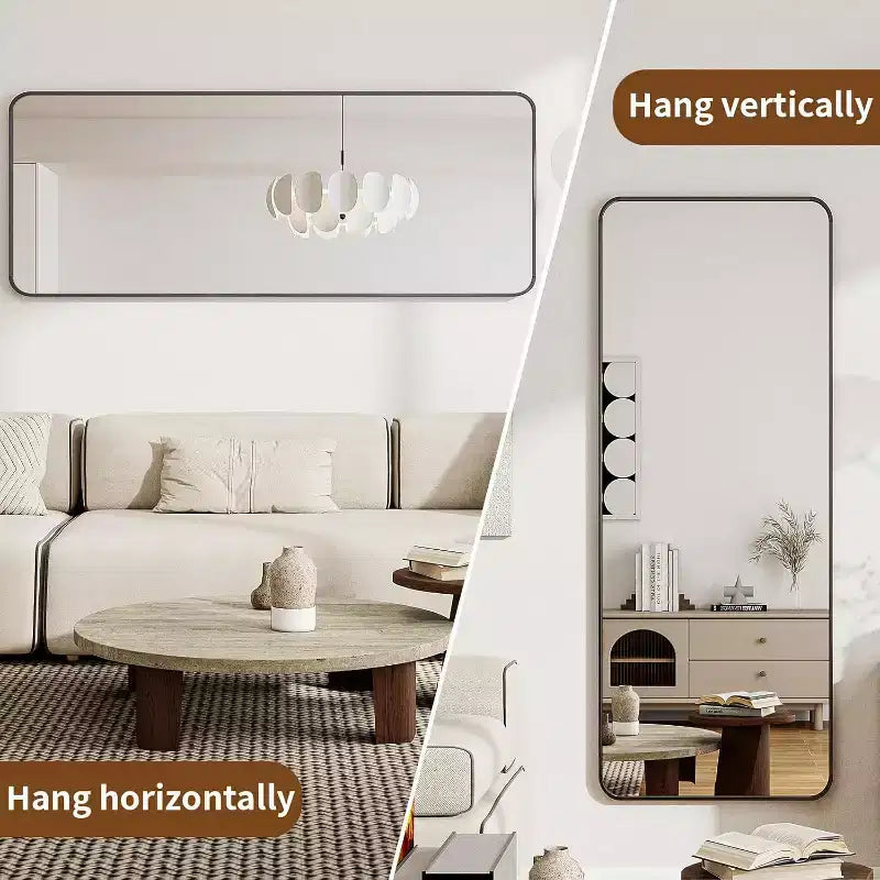 Miroir pleine longueur 66 x 23 avec coins arrondis, Miroir sur pied pour chambre ou dressing, à poser, suspendre ou adosser