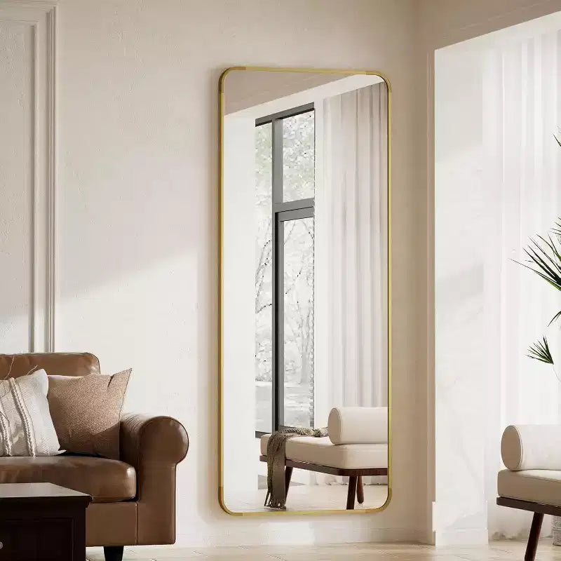 Miroir pleine longueur 66 x 23 avec coins arrondis, Miroir sur pied pour chambre ou dressing, à poser, suspendre ou adosser