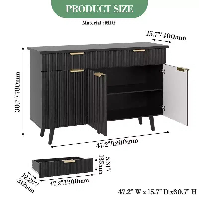 Buffet de Bahut Cannelé, Grand Meuble de Rangement Autoportant de 120cm pour Bar à Café en Bois