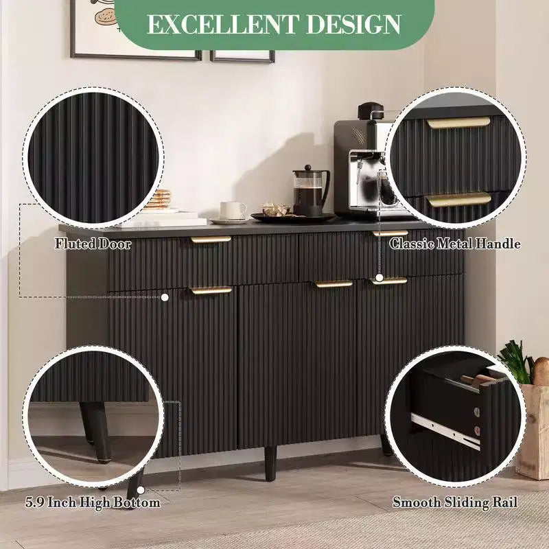 Buffet de Bahut Cannelé, Grand Meuble de Rangement Autoportant de 120cm pour Bar à Café en Bois