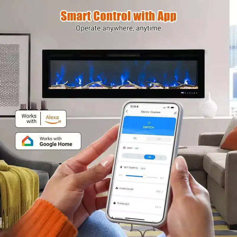 Coolmee Cheminée Électrique de 80 Pouces, Encastrée et Murale, Contrôle Vocal Intelligent WiFi Alexa, Effet de Flamme 3D, 12 Options de Couleurs, 750W/1500W
