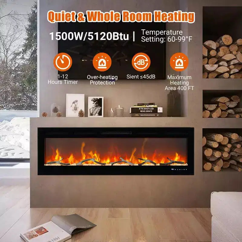 Coolmee Cheminée Électrique de 80 Pouces, Encastrée et Murale, Contrôle Vocal Intelligent WiFi Alexa, Effet de Flamme 3D, 12 Options de Couleurs, 750W/1500W