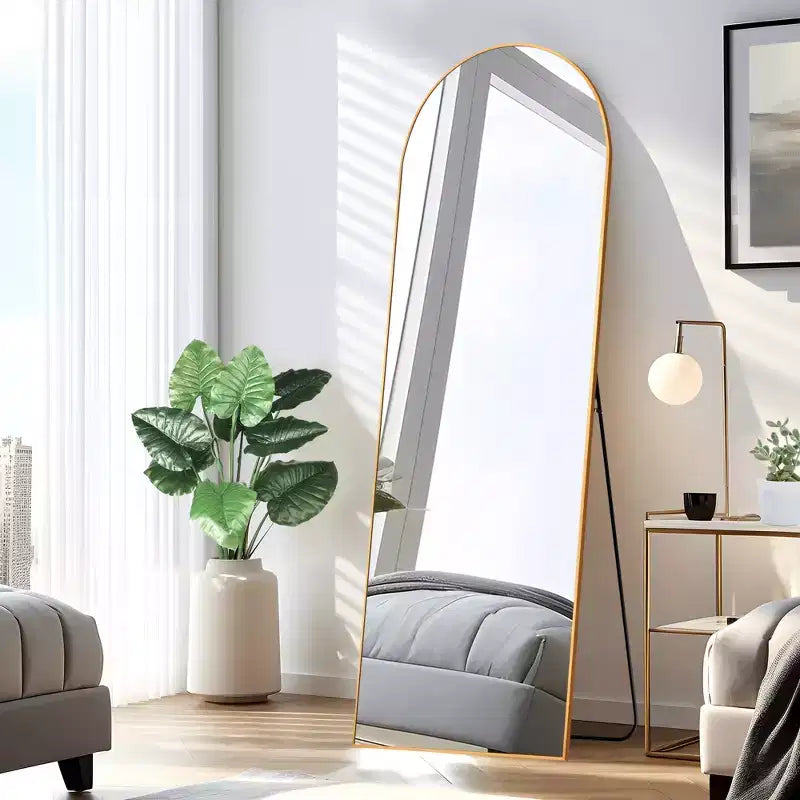 MAYEERTY Miroir pleine longueur de 69 pouces, cadre en alliage d'aluminium arqué, miroir de sol autoportant avec support, couleur or
