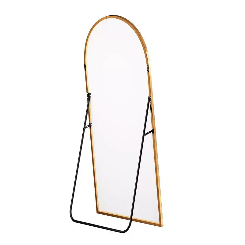 MAYEERTY Miroir pleine longueur de 69 pouces, cadre en alliage d'aluminium arqué, miroir de sol autoportant avec support, couleur or