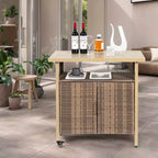 NAYSAYE Chariot de service de bar en osier pour extérieur avec plateau en bois et plastique pour patio, beige, 35.43*19.69*35.43