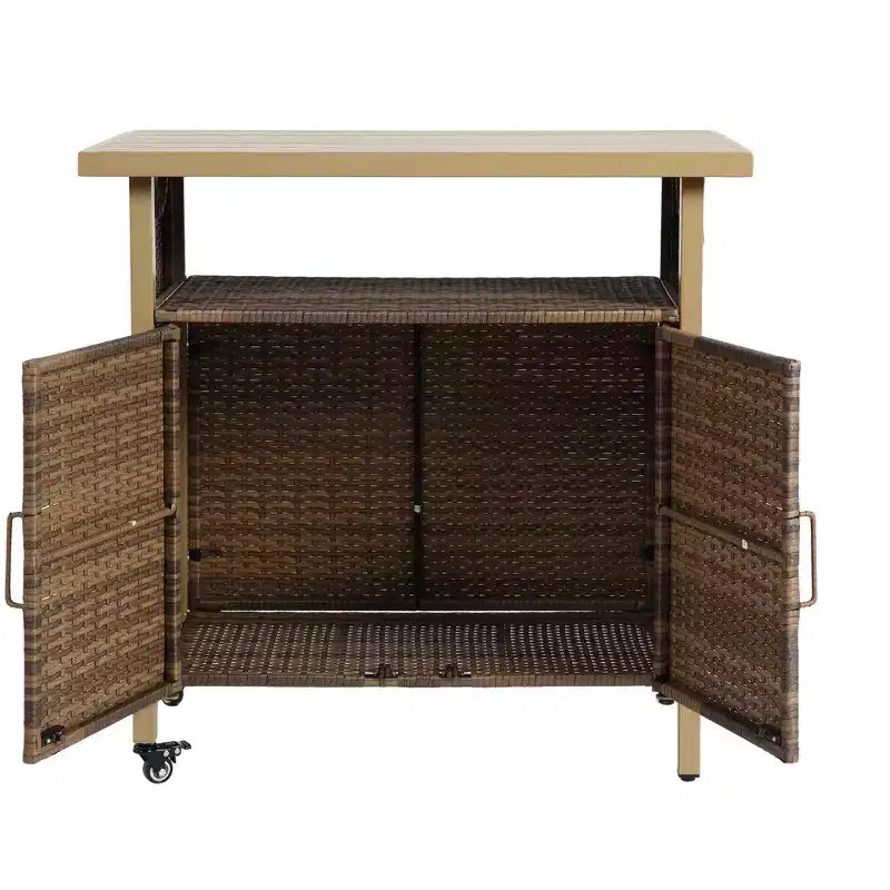 NAYSAYE Chariot de service de bar en osier pour extérieur avec plateau en bois et plastique pour patio, beige, 35.43*19.69*35.43