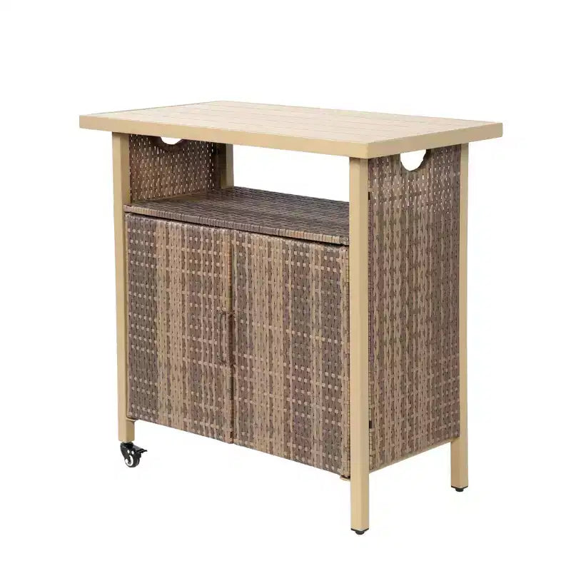 NAYSAYE Chariot de service de bar en osier pour extérieur avec plateau en bois et plastique pour patio, beige, 35.43*19.69*35.43