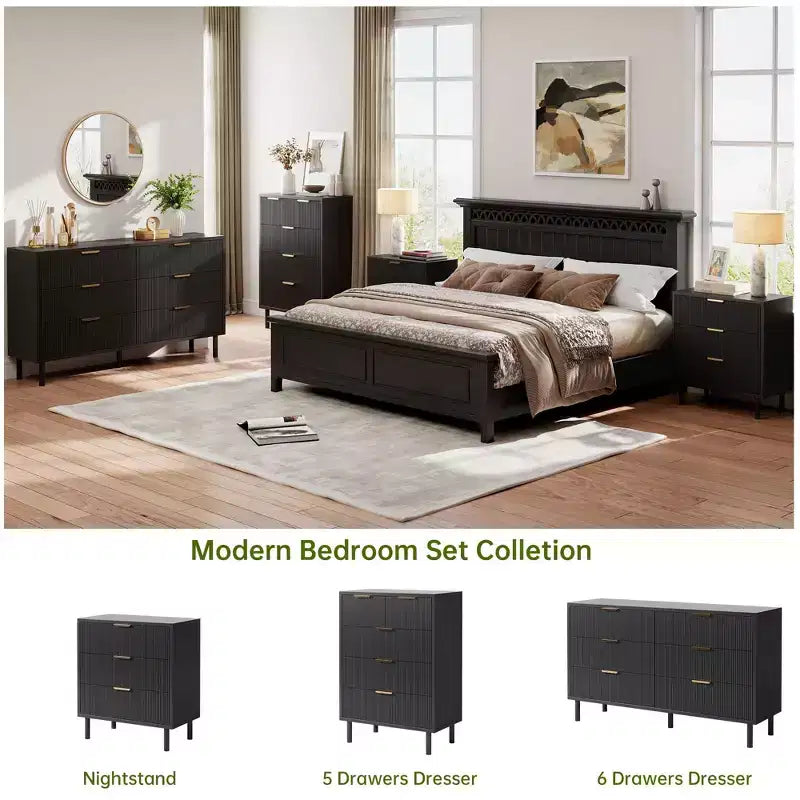 Commode 6 tiroirs cannelée, Grande commode double en bois avec pieds et poignées en métal, Commode moderne avec dispositif anti-basculement