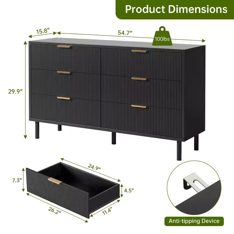 Commode 6 tiroirs cannelée, Grande commode double en bois avec pieds et poignées en métal, Commode moderne avec dispositif anti-basculement