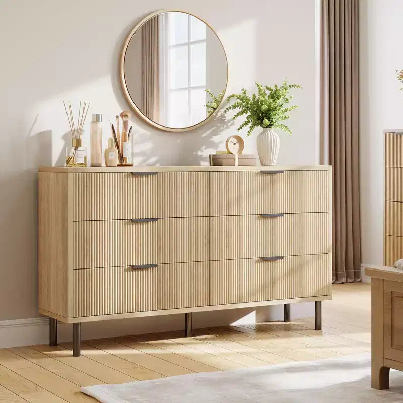 Commode 6 tiroirs cannelée, Grande commode double en bois avec pieds et poignées en métal, Commode moderne avec dispositif anti-basculement