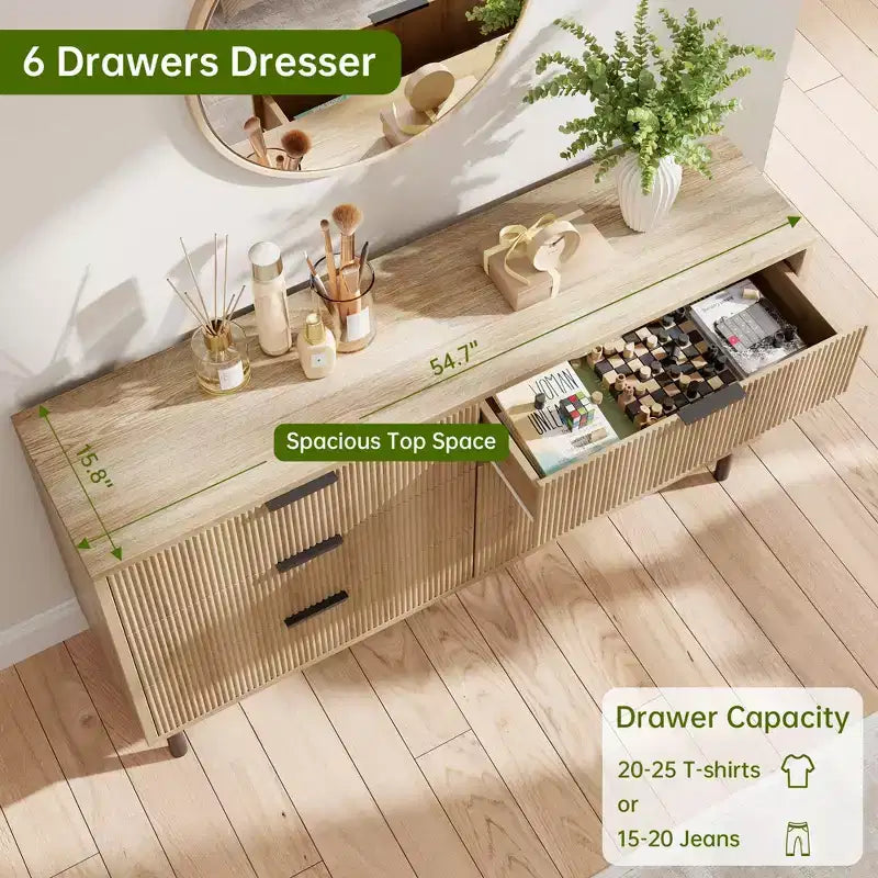 Commode 6 tiroirs cannelée, Grande commode double en bois avec pieds et poignées en métal, Commode moderne avec dispositif anti-basculement