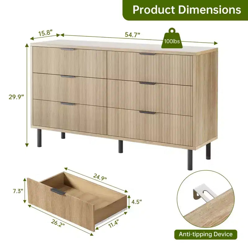 Commode 6 tiroirs cannelée, Grande commode double en bois avec pieds et poignées en métal, Commode moderne avec dispositif anti-basculement