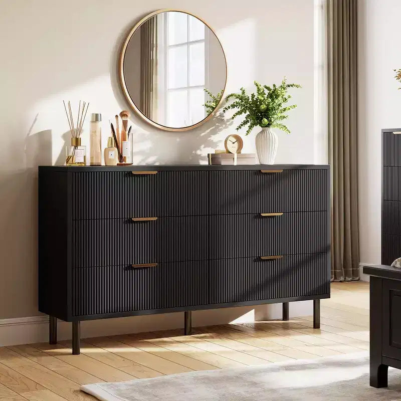 Commode 6 tiroirs cannelée, Grande commode double en bois avec pieds et poignées en métal, Commode moderne avec dispositif anti-basculement