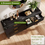Commode 6 tiroirs cannelée, Grande commode double en bois avec pieds et poignées en métal, Commode moderne avec dispositif anti-basculement