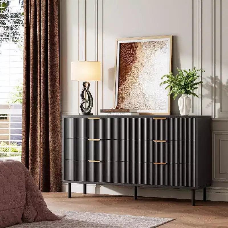 Commode 6 tiroirs cannelée, Grande commode double en bois avec pieds et poignées en métal, Commode moderne avec dispositif anti-basculement