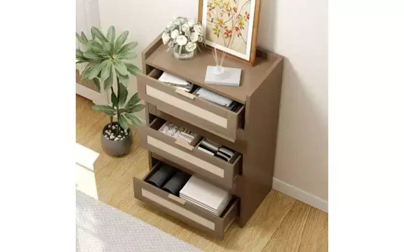 Commode à 5 tiroirs en rotin avec poignées dorées, meuble de rangement vertical en bois de 114 cm de haut pour chambre à coucher et placard