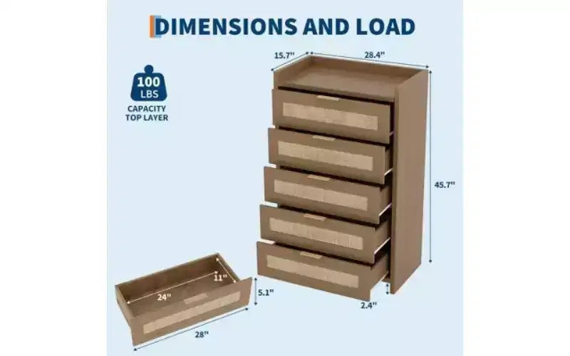 Commode à 5 tiroirs en rotin avec poignées dorées, meuble de rangement vertical en bois de 114 cm de haut pour chambre à coucher et placard