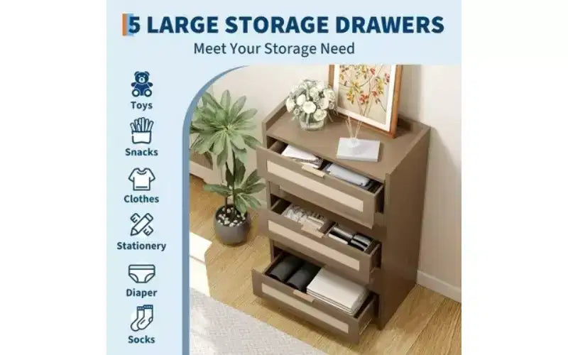 Commode à 5 tiroirs en rotin avec poignées dorées, meuble de rangement vertical en bois de 114 cm de haut pour chambre à coucher et placard