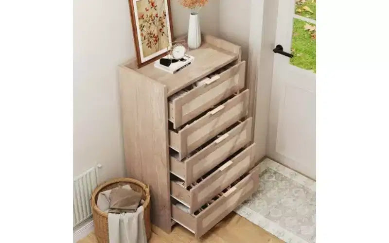 Commode à 5 tiroirs en rotin avec poignées dorées, meuble de rangement vertical en bois de 114 cm de haut pour chambre à coucher et placard