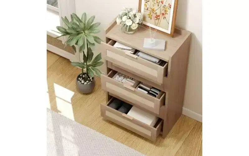 Commode à 5 tiroirs en rotin avec poignées dorées, meuble de rangement vertical en bois de 114 cm de haut pour chambre à coucher et placard