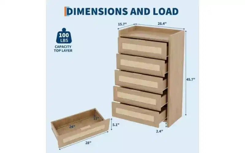 Commode à 5 tiroirs en rotin avec poignées dorées, meuble de rangement vertical en bois de 114 cm de haut pour chambre à coucher et placard