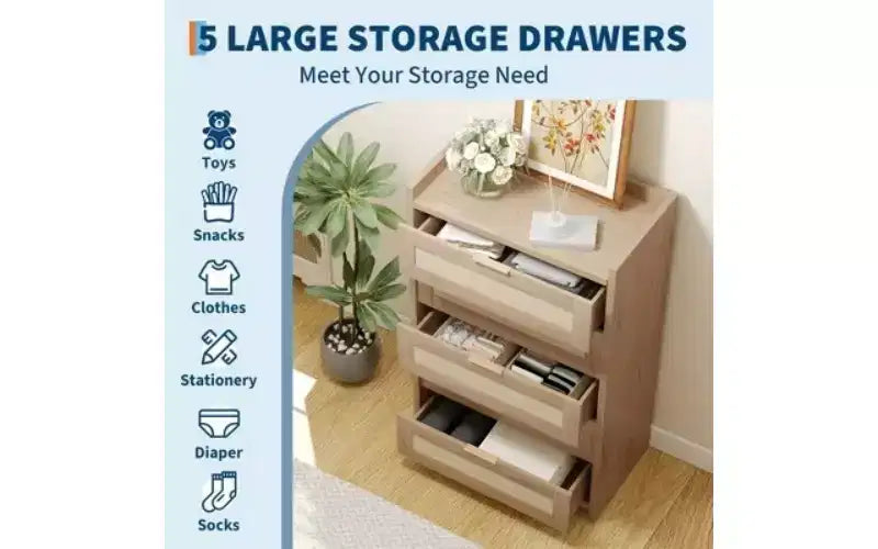 Commode à 5 tiroirs en rotin avec poignées dorées, meuble de rangement vertical en bois de 114 cm de haut pour chambre à coucher et placard
