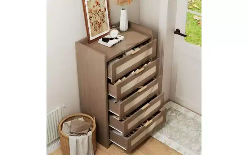 Commode à 5 tiroirs en rotin avec poignées dorées, meuble de rangement vertical en bois de 114 cm de haut pour chambre à coucher et placard