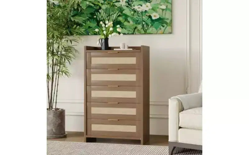 Commode à 5 tiroirs en rotin avec poignées dorées, meuble de rangement vertical en bois de 114 cm de haut pour chambre à coucher et placard