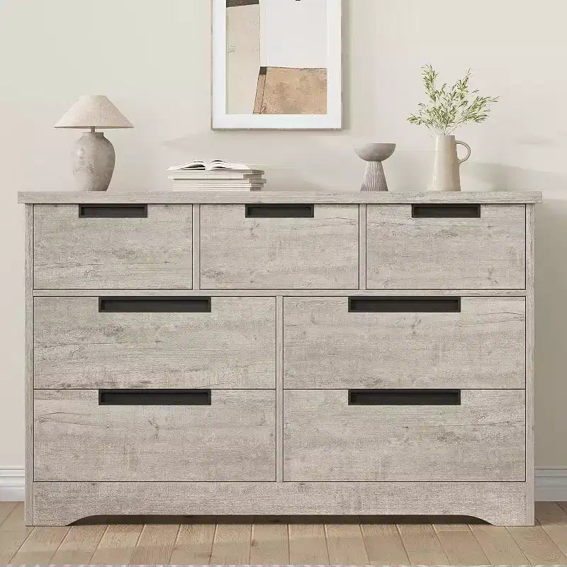 Acekool 7 Drawer Dresser for Bedroom, Modern Gray Wide Storage Chest, Embedded Handles Design, Wooden Organizer for Living Room, Nursery, Hallway