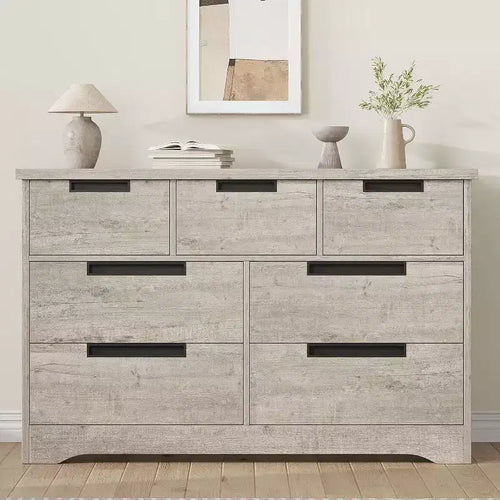 Acekool 7 Drawer Dresser for Bedroom, Modern Gray Wide Storage Chest, Embedded Handles Design, Wooden Organizer for Living Room, Nursery, Hallway