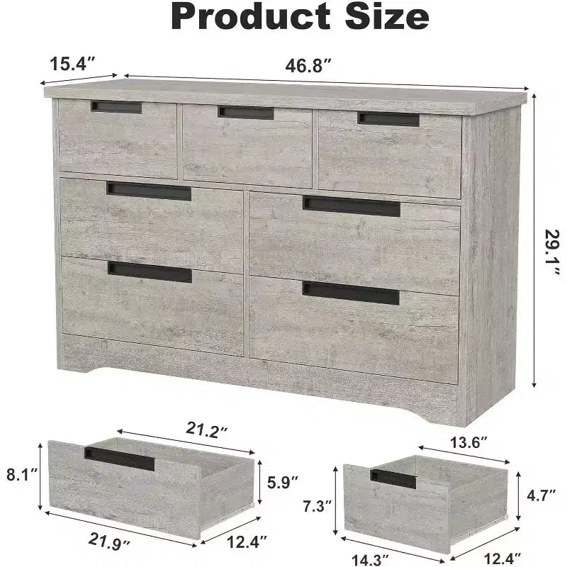 Commode de chambre à 7 tiroirs Acekool, commode de rangement large gris moderne, poignées encastrées, organisateur en bois pour salon, chambre d'enfant, couloir