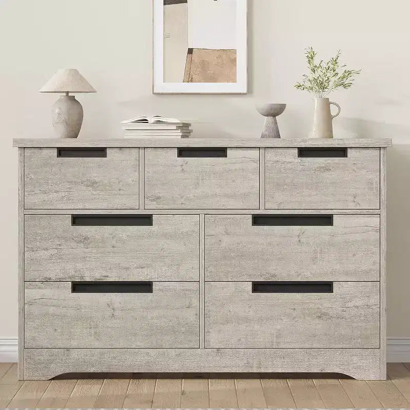 Commode de chambre à 7 tiroirs Acekool, commode de rangement large gris moderne, poignées encastrées, organisateur en bois pour salon, chambre d'enfant, couloir